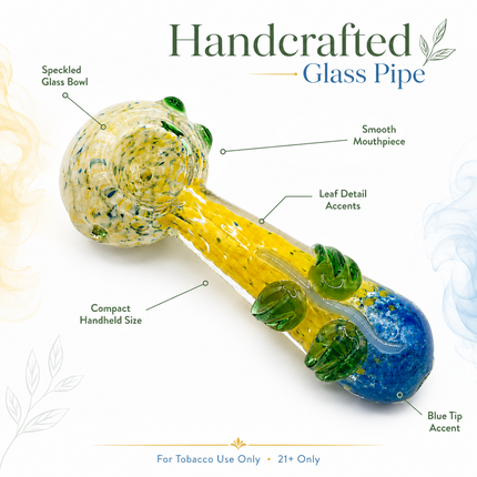 Yellow Blue Confetti Glass Spoon Pipe with Green Leaf Accents -  4 inch