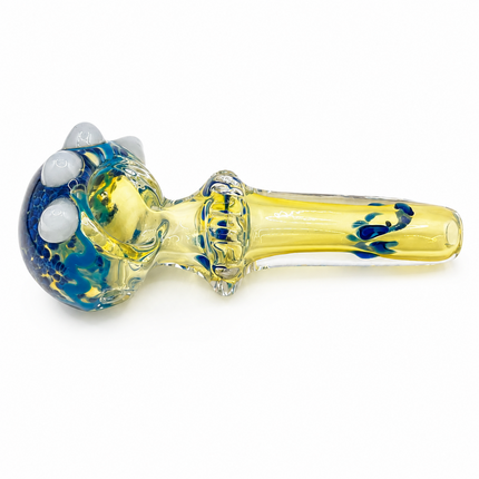 Pale Yellow Blue Gobblin Glass Spoon Pipe with White Marble Accents - 4.5 inch