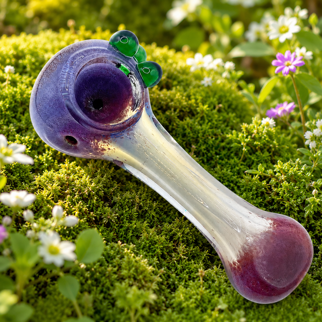 Amethyst Orbit Glass Spoon Pipe with Green Marbles – 4.5 Inch Clear Hand Pipe