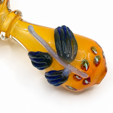 Amber Pumpkin Glass Spoon Pipe with Navy Leaf Accents - 4 inch