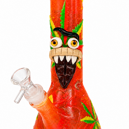 [Glow in the Dark] Goblin Face Beaker Glass Water Pipe Orange Art Glass 11 inch