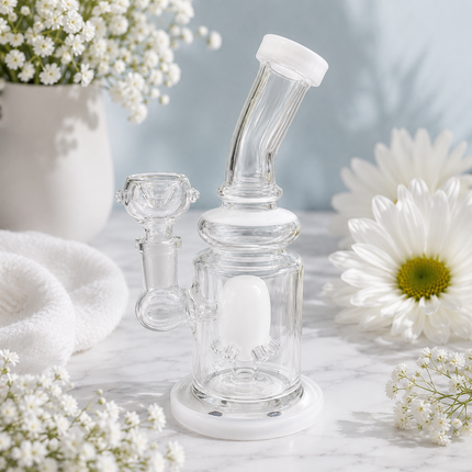 Milky White Clear Glass Bong with Octopus Percolator & Bowl - 7 inch