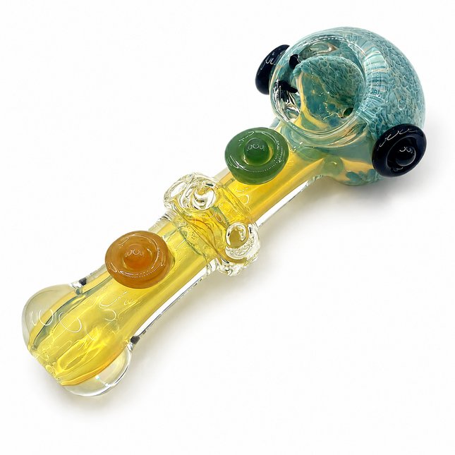 Aqua Frit Fumed Glass Spoon Pipe with Green Amber Dot Accents - 5 Inch