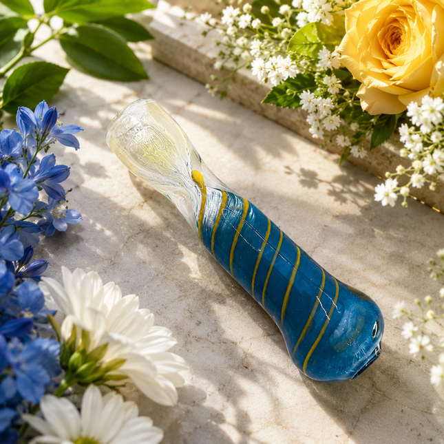 Ocean Gold Handcraft Glass Chillum Pipe Blue Yellow Spiral 3~3.5 inch