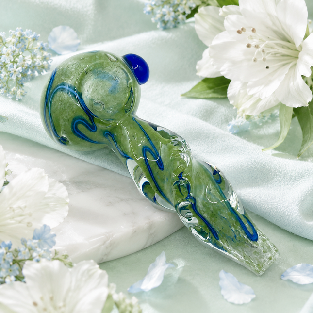 Moss Green Twist Glass Spoon Pipe with Blue Swirl & Marble Accent - 4.5 inch