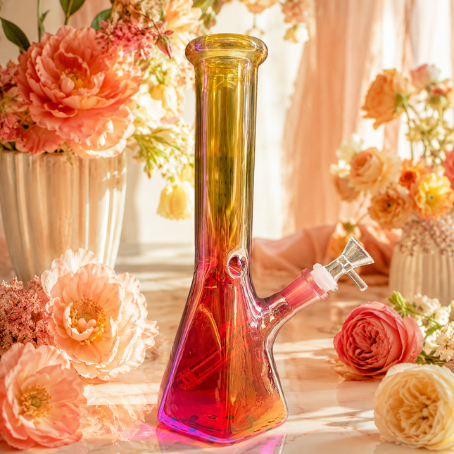 Gold Red Chrome Hexagon Glass Water Pipe Ice Catcher 14mm Bowl 10.5 inch