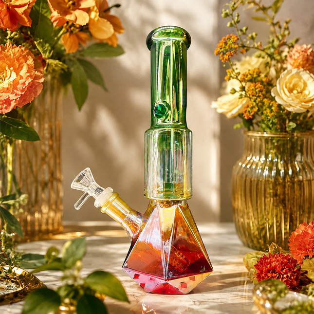 Stratos Chrome Green Yellow Orange Geometric Glass Bong Ice Catcher 12 Inch