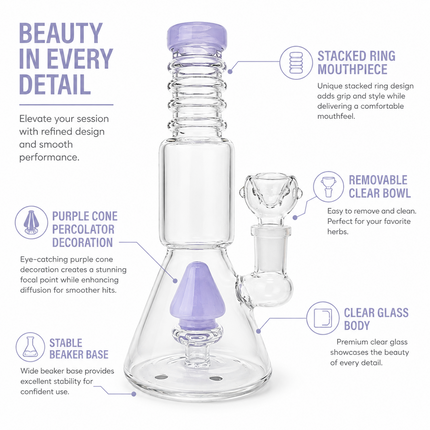 Milky Lavender Stratos Tri Cone Percolator Glass Water Pipe 14mm 7 inch