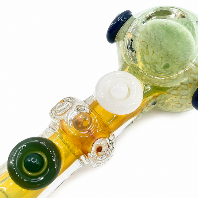 Green Frit Fumed Glass Spoon Pipe White Green Dots 5 Inch