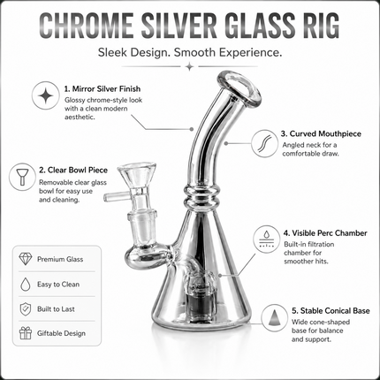 Silver Chrome Tri Beaker Glass Water Pipe with Perc with 14mm Bowl