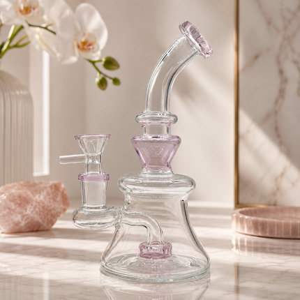 Blush Pink Bell Base Glass Bong with Curved Neck – 8 Inch Clear Water Pipe