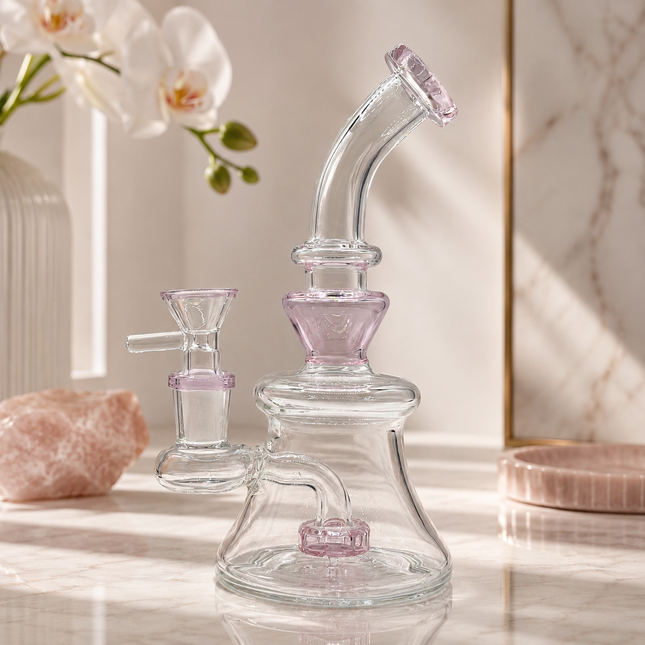 Blush Pink Bell Base Glass Bong with Curved Neck – 8 Inch Clear Water Pipe