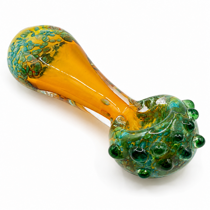 Amber Teal Crackle Glass Spoon Pipe with Green Marble Accents - 4.5 Inch