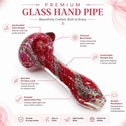 Crimson Red Silver Web Twist Glass Spoon Pipe Amber Marble Accent - 4.5 inch