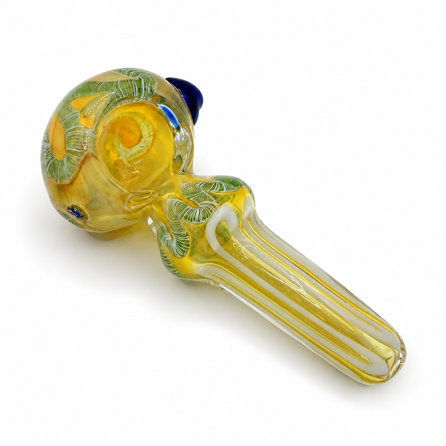 Lemon Grove Glass Spoon Pipe – 4 Inch Yellow Hand Pipe White Stripe Blue Accent