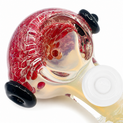 Red Blossom Fumed Glass Spoon Pipe Blue White Dot Accents 5 Inch