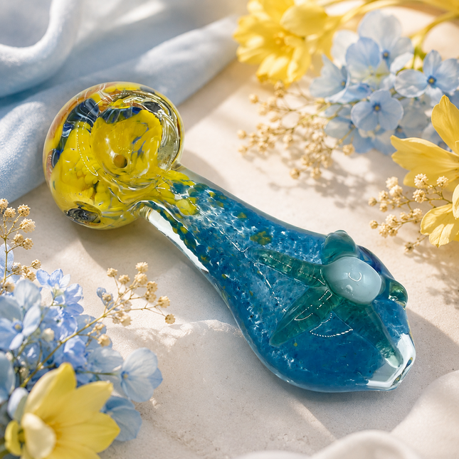 Blue Yellow Glass Spoon Pipe with Green Starfish Accent - 4 inch