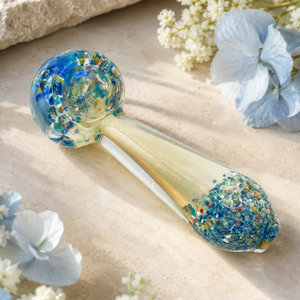Clear Blue Multicolor Confetti Glass Spoon Pipe Hand Pipe - 4.5 inch