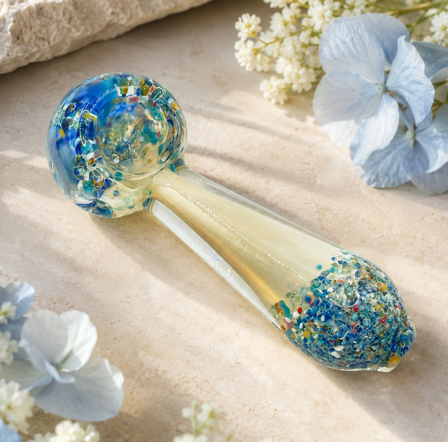 Clear Blue Multicolor Confetti Glass Spoon Pipe Hand Pipe - 4.5 inch