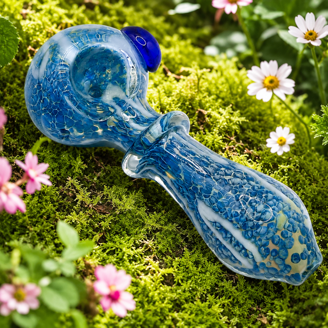 Ocean Pebble Blue Glass Spoon Pipe – 4 Inch Hand Pipe Textured Blue Glass