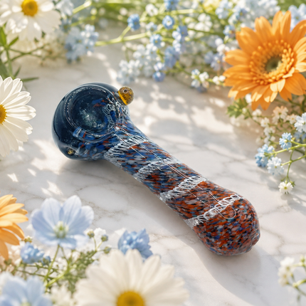 Midnight Ember Confetti Handcraft Glass Pipe Navy Orange Blue Swirl 4.5 inch