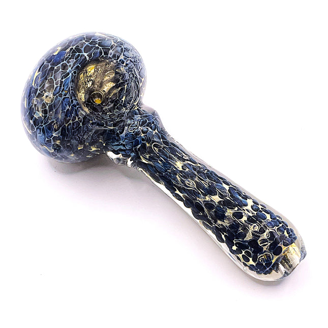 Three-quarter studio view showing the rounded bowl and dark crackle-patterned glass body against a clean white background.