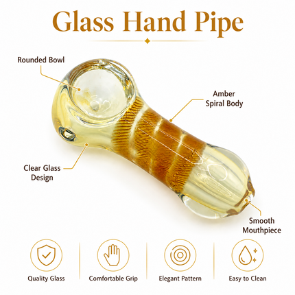 Amber striped glass hand pipe infographic showing bowl, carb hole, and mouthpiece