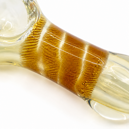 Amber striped glass hand pipe infographic showing bowl, carb hole, and mouthpiece