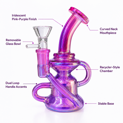 Product infographic highlighting the main parts and features of the purple chrome mini recycler glass bong.