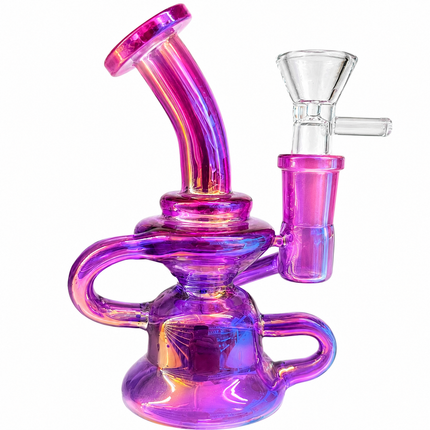 Alternate front angle showing the curved mouthpiece, compact recycler shape, and reflective purple glass finish.