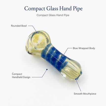 Blue striped glass hand pipe infographic showing bowl, carb hole, and mouthpiece