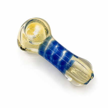 Blue and cream striped glass spoon hand pipe on a white background
