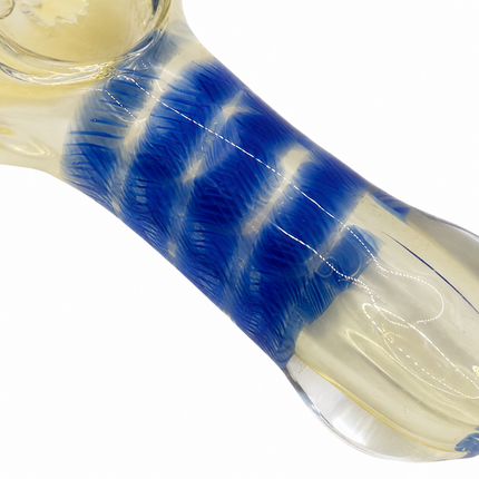 Close-up of blue striped glass hand pipe mouthpiece and body