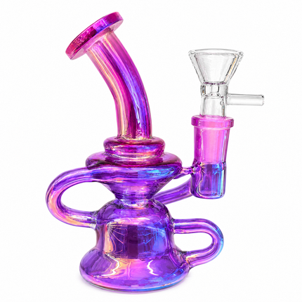 Front three-quarter studio view of the purple chrome recycler showing its curved neck, looped glass body, and clear bowl on white.