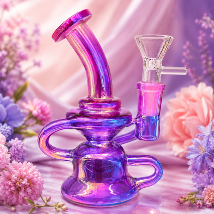 Purple chrome mini recycler glass bong displayed against a soft pink floral background with curved tubing and clear bowl.