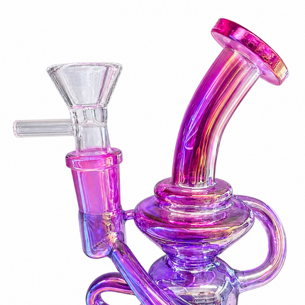 Reverse angle highlighting the recycler’s side tubing, compact base, and pink-purple chrome finish.