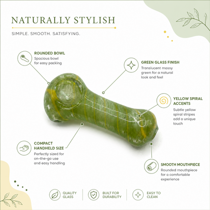 Green glass spoon hand pipe infographic highlighting bowl carb hole mouthpiece and glass design