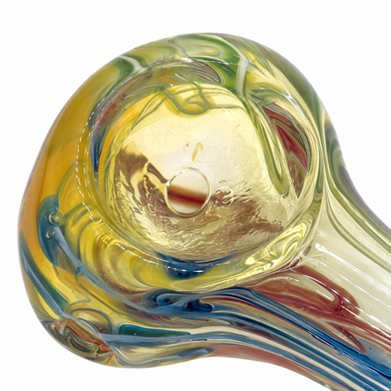 Close-up of multicolor glass spoon pipe bowl with red blue and green swirl details