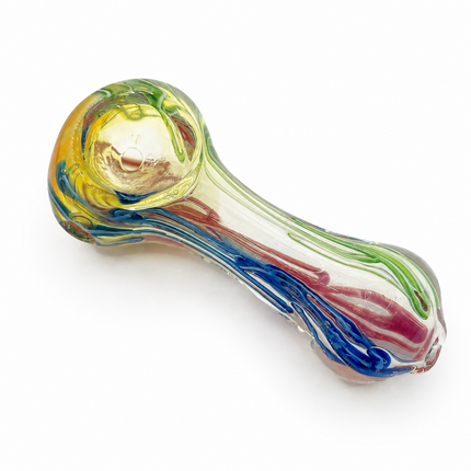Multicolor striped glass spoon hand pipe on a clean white background