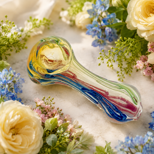 Multicolor striped glass spoon hand pipe with red and blue accents on floral background