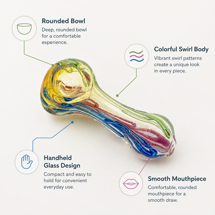 Multicolor striped glass spoon hand pipe on a clean white background