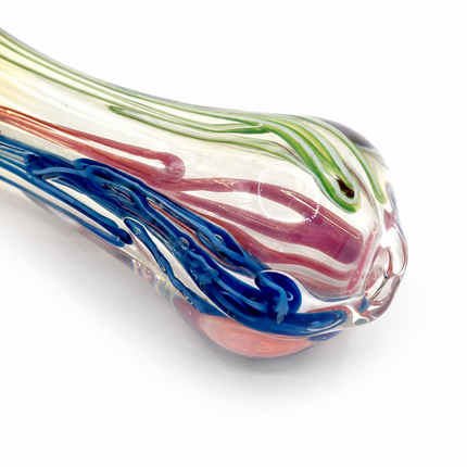 Side view of multicolor striped glass spoon pipe on a white background