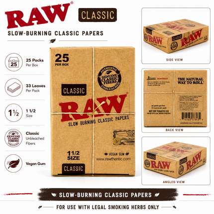 RAW Classic 1 1/2 size rolling papers product infographic showing box and pack details