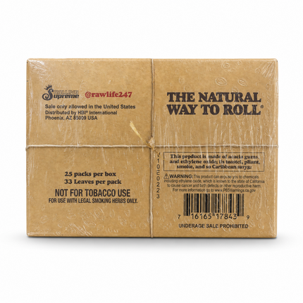 Back of RAW Classic rolling paper display box with natural unrefined paper branding
