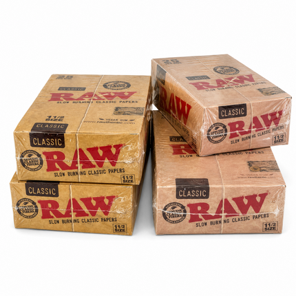 RAW Classic rolling paper packs arranged with branded display box