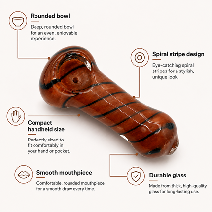 Red brown striped glass spoon pipe infographic showing key hand pipe features