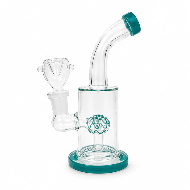 Front studio view of a clear mini bong with teal base rim mouthpiece accent and 14mm bowl connection