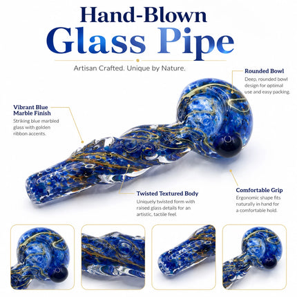 Product infographic featuring the hand-blown navy blue glass pipe with close-up views of its crackle pattern and craftsmanship