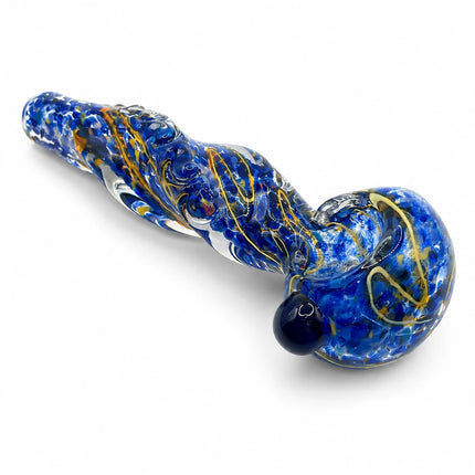 Reverse angle of the navy crackle spoon pipe emphasizing the glossy finish and swirling decorative details