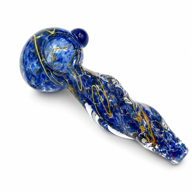 Diagonal studio view highlighting the deep blue glass body with gold-toned crackle details and rounded bowl